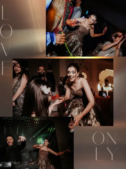 A collage capturing the "love only" vibe of a fun cocktail party, with dancing, laughter, and candid moments of joy.