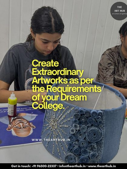 I help students create extraordinary artworks that meet the specific requirements of their dream college. This student is crafting a decorative lampshade from upcycled denim for her product design portfolio.