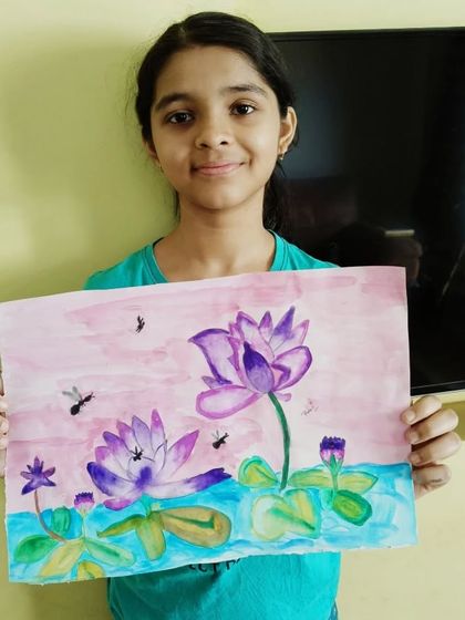 Pranvi from 6th standard created this beautiful lotus pond scene using a mix of watercolors and oil pastels. This mixed media technique allows for both soft washes of color and sharp details.