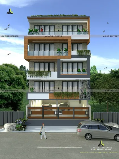 This elevation concept for a builder floor focuses on maximizing light and greenery. The design incorporates large windows and planters on every balcony, creating a fresh and open feel.