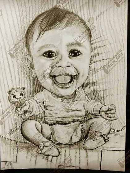Another example of a handmade baby caricature, this one drawn with pencil on paper. I love capturing the happy and playful nature of babies in my sketches.