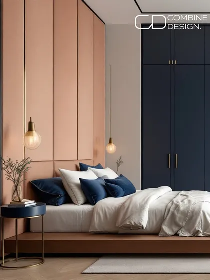 Another view of this serene bedroom, highlighting the balance between the soft, upholstered accent wall and the sleek, modern lines of the floating bed frame and side table.
