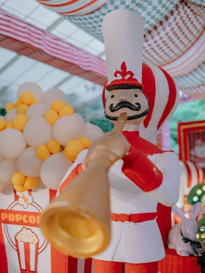 A detailed shot of a nutcracker bandman prop, complete with a golden trumpet. It’s these small, high-quality details that bring a theme to life and demonstrate the craftsmanship that goes into my events.