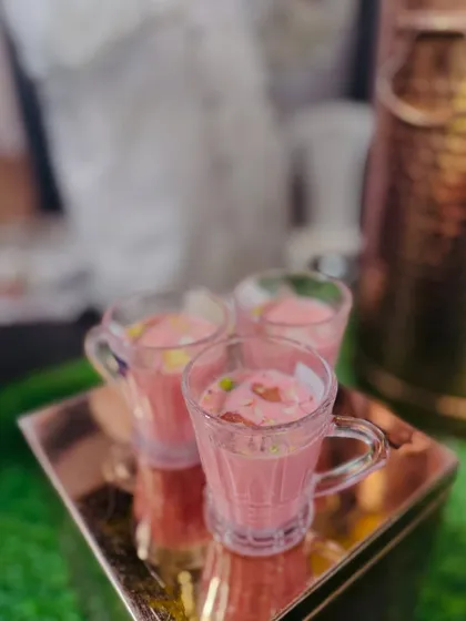 A close-up of the creamy and nutty Kashmiri Pink Tea, also known as Noon Chai.