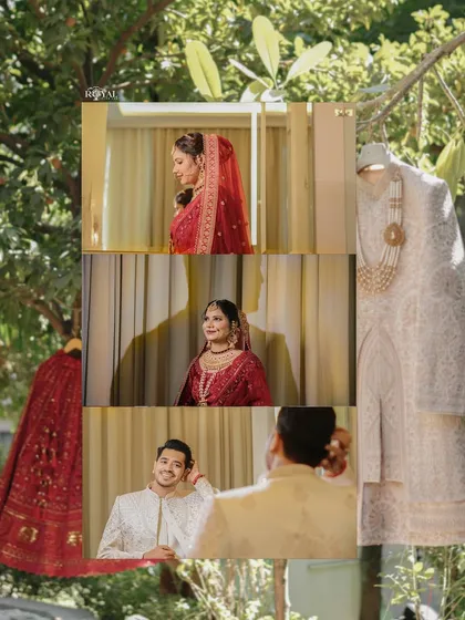 A collage showing the bride and groom getting ready, along with detail shots of their wedding attire.