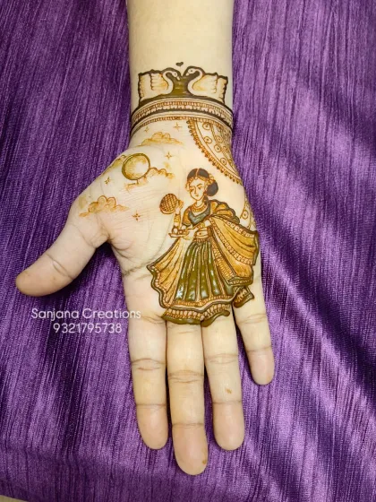 A beautiful portrait of a woman celebrating Karwachauth, holding the traditional 'channi' to see the moon. This is figure work that tells a story.