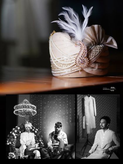 A creative collage of the groom's details. It features a close-up of his ornate safa and black and white shots of his getting-ready moments, telling a complete story.