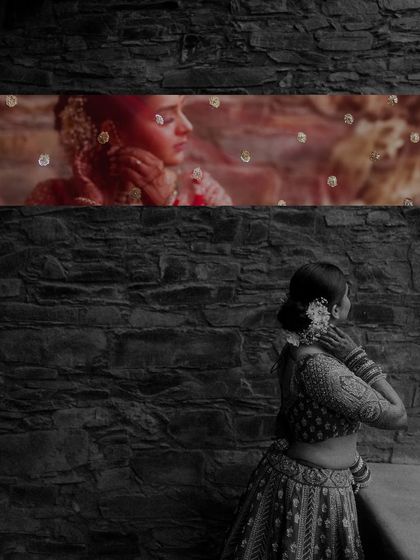 A creative collage combining a close-up of the bride's expressive face with a full-length black and white shot. This artistic approach tells a story of emotion and elegance in a single frame.