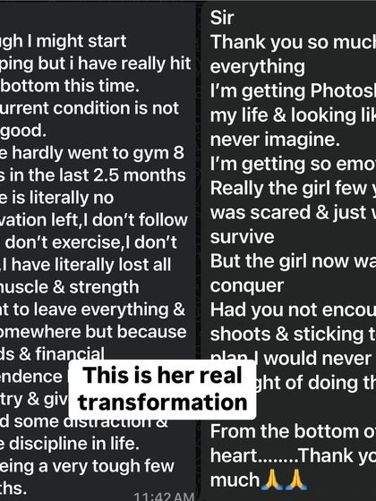 On the left, a message from Zenia at her lowest point. On the right, a message of triumph after her photoshoot. This is her real transformation, from wanting to survive to wanting to conquer.