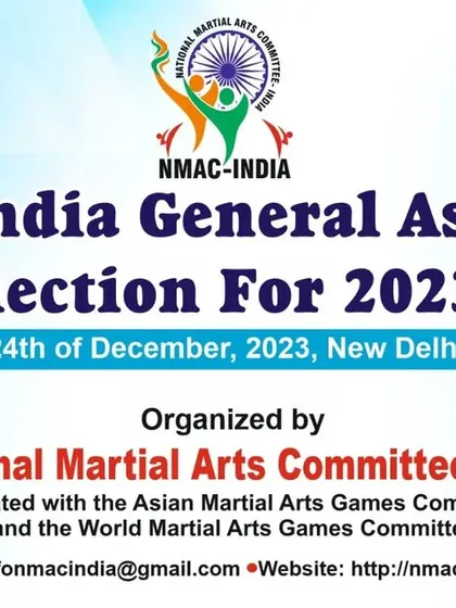 The official banner for the NMAC India General Assembly & Election for the 2023-27 term. We are affiliated with the Asian and World Martial Arts Games Committees, and our governance reflects this high standard.
