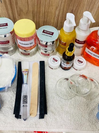 A flat lay of the professional skincare products and tools used in my courses. I provide all practice materials, so students can learn with high quality, industry standard products.