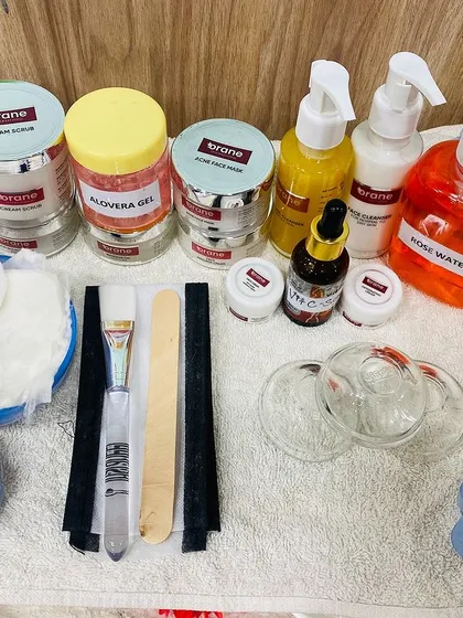 A flat lay of the professional skincare products and tools used in my courses. I provide all practice materials, so students can learn with high quality, industry standard products.