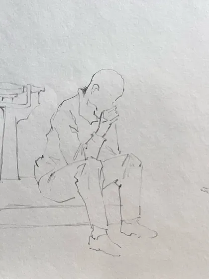The line sketch I created at Goda Ghat, capturing the essence of the scene with minimal strokes.