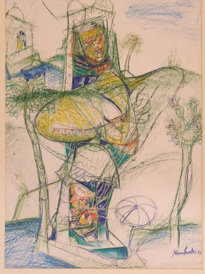 A vibrant and complex paper work by Manu Parekh from 1981, highlighting his unique style and use of color to reflect cultural diversity.