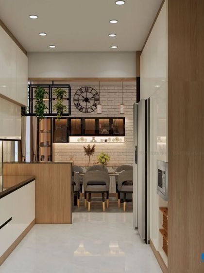 This render shows an open-plan kitchen and dining area, with a breakfast bar connecting the two spaces. The design uses a mix of modern and industrial elements.