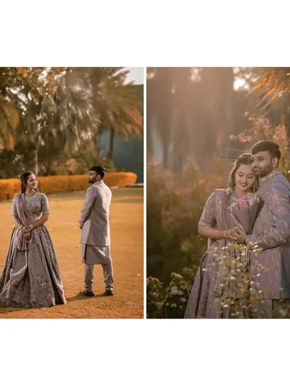 A diptych showcasing two different moods in the same location. One is a classic portrait, and the other is a soft, romantic close-up using the golden hour light.