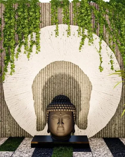A serene meditation corner featuring a Buddha sculpture set against a textured, circular backdrop. The vertical climbing plants on the wall add to the sense of tranquility, creating a perfect space for reflection.
