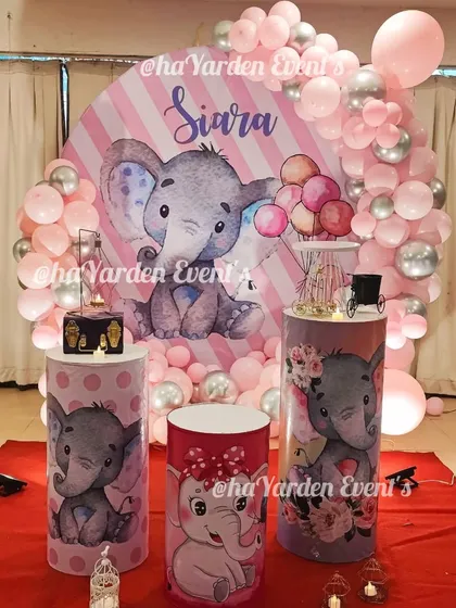 Another adorable elephant theme, perfect for a first birthday. The pink and silver balloons complement the cute elephant graphics on the backdrop and pedestals.