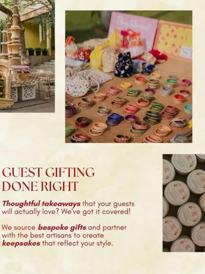 Thoughtful guest gifting is a beautiful way to show appreciation. I source bespoke gifts and partner with artisans to create personalized keepsakes that reflect your style and leave a lasting impression.