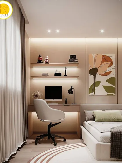 A calm and stylish teen's room with a built-in study desk and backlit shelves. The soft color palette and modern art create a sophisticated yet youthful space.