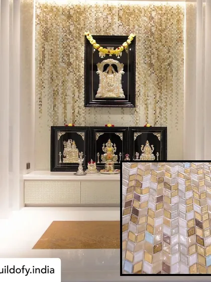 A pooja room is the spiritual heart of a home, and I designed this one to feel truly ethereal. We used a backdrop of cascading white and gold mosaic tiles that shimmer in the light, creating a serene and divine atmosphere for prayer and reflection, all while being Vastu-compliant.