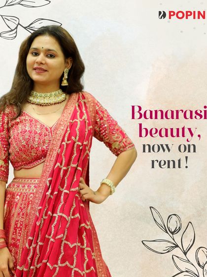 Banarasi beauty, now on rent. This graphic celebrates a happy customer in one of my most popular traditional pieces.