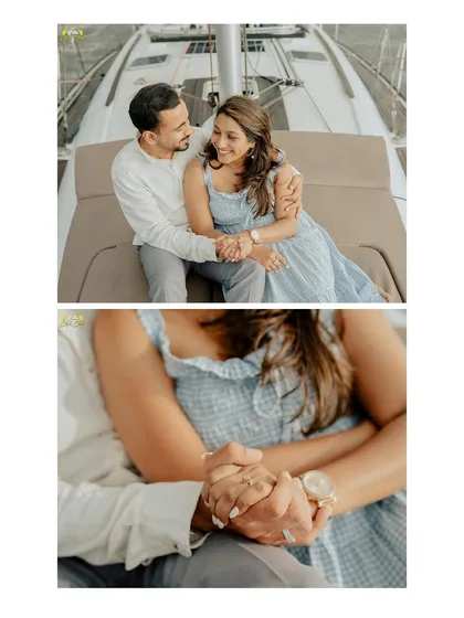 A detail-oriented collage focusing on the couple holding hands, a symbol of their connection, during their yacht session.