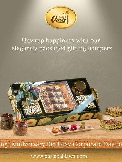 I design elegantly packaged gifting hampers for every occasion, from weddings and anniversaries to corporate events. This hamper features a mix of dates, nuts, and other sweets in a stylish green and gold box.