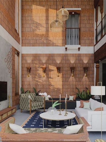 Another perspective of the Kanakapura living room, showing how Indian motifs and traditional artwork are used to embellish the interiors and add cultural context.