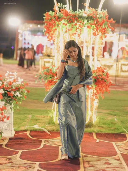 A candid shot from the same Sangeet event. I believe an anchor's presence sets the tone, and I always aim for a look that is both professional and full of personality.