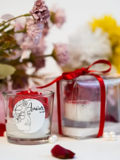 Another look at the 'Roseate Whispers' candle, a perfect Valentine's Day gift. It comes in elegant packaging, ready to gift a piece of your heart.