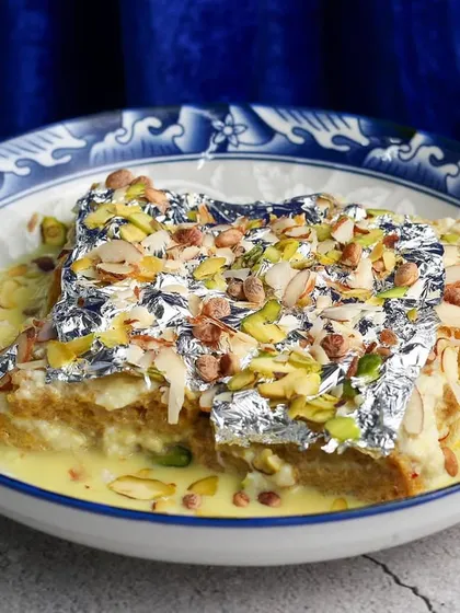 Another take on Shahi Tukda, this time covered in silver varq for a festive Iftaar menu.