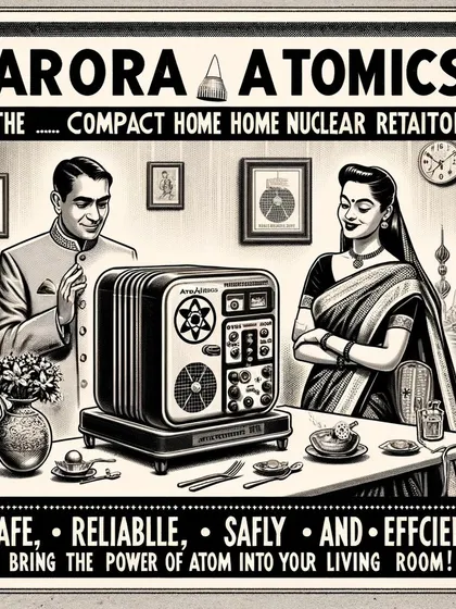 An ad showing a happy couple with their 'Compact Home Nuclear Retaitor'. The 'Parmanupunk' series plays on the utopian promises of mid-century advertising.