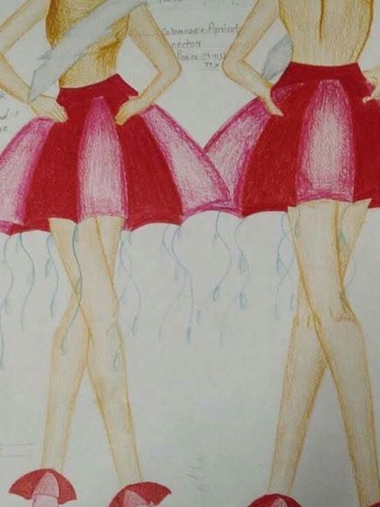 A concept sketch for a whimsical, themed outfit inspired by an umbrella. Students learn to develop a theme and create detailed drawings that include notes on fabric, color, and construction, as seen in this example.