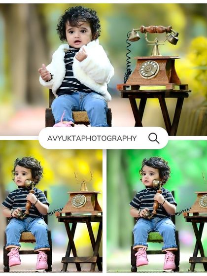 A collage of a one-year-old's outdoor shoot with a vintage telephone prop.