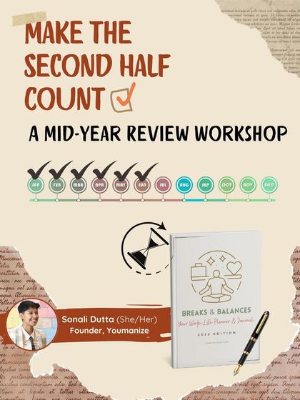 Poster for 'Make the Second Half Count', a mid-year review and journaling workshop.