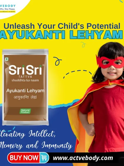 Unleash your child's potential with Ayukanti Lehyam. This image of a child in a superhero cape presents this Sri Sri Tattva product as a way to elevate intellect, memory, and immunity naturally.