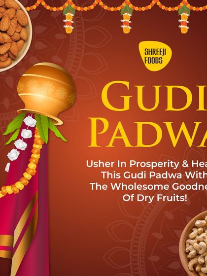 Usher in prosperity and health this Gudi Padwa with the wholesome goodness of my dry fruits. This image features the traditional Gudi alongside bowls of almonds and cashews.