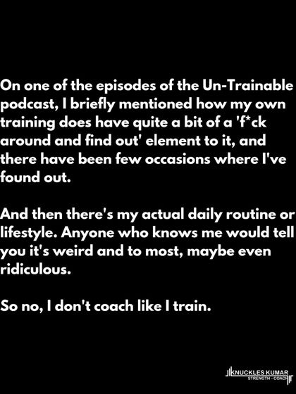 I don't coach like I train. My personal training involves experimentation, but my coaching is about applying proven, evidence-based principles tailored to the individual. The results of the people I coach are the true reflection of my methods.