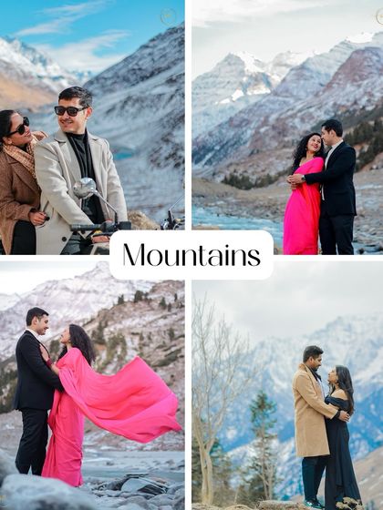 A collage showcasing various mountain pre-wedding shoots, highlighting the beauty and romance of a Himalayan setting.