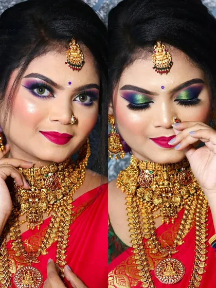 A collage showcasing the vibrant and artistic eye makeup for a South Indian bride, along with her complete look featuring heavy gold jewelry.