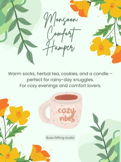 A "Monsoon Comfort Hamper" idea, perfect for cozy evenings with warm socks, herbal tea, cookies, and a candle.