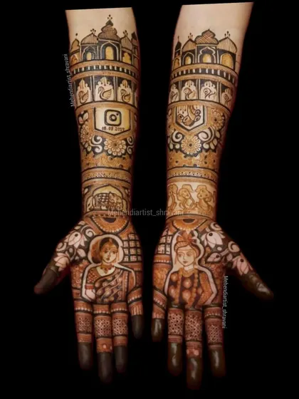 A unique bridal mehendi that tells the couple's modern love story. It includes their portraits, their pets, and even an Instagram logo with the date they met.