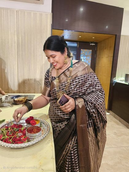 A candid moment of our client in the bold black checkered saree, showing its versatility for both formal and informal gatherings.