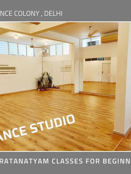 My primary dance studio located in Defence Colony, Delhi. This space is fully equipped with wooden floors and mirrors, creating a professional and inspiring setting for Bharatanatyam classes for beginners.