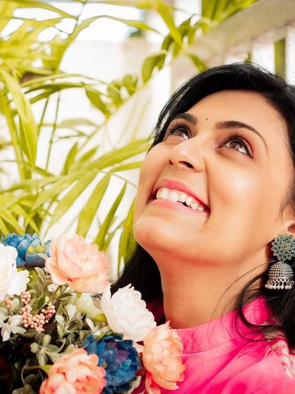 A joyful, upward-looking portrait that conveys a sense of optimism and happiness.