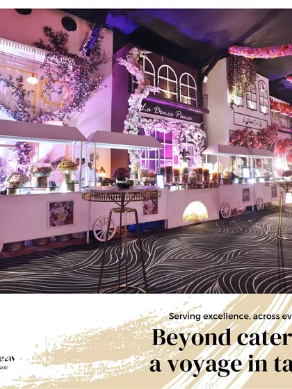 Beyond catering, we create a voyage in taste. Our themed culinary stations, like this Parisian-inspired street setup, are designed to transport your guests and make your event an immersive journey.