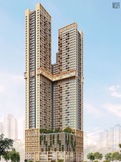 Another perspective of the mixed-use tower, emphasizing its height and the unique structural bridge connecting the two residential blocks.