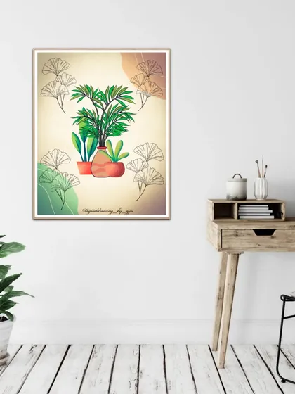 A mockup showing my Boho plant illustration framed and hung in a minimalist living room.
