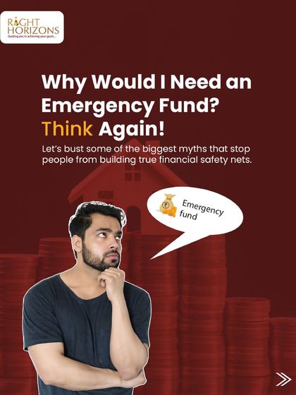 The introductory image for our series on busting myths about emergency funds. It shows a person thinking about the term "Emergency fund," prompting viewers to reconsider their assumptions about needing one.